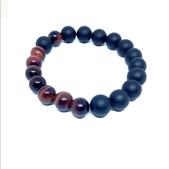 Men’s Red tigers eye & onyx stretch bracelet - Picture 1 of 1
